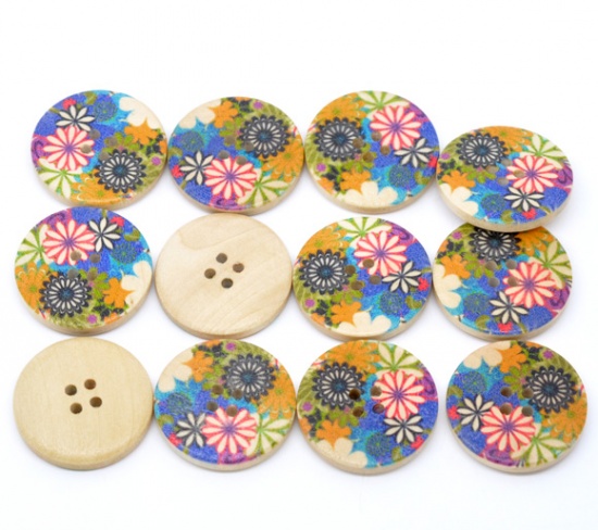 Picture of Wood Sewing Buttons 4 Holes Scrapbooking Round Multicolor Flower Pattern 3cm(1 1/8") Dia, 30 PCs