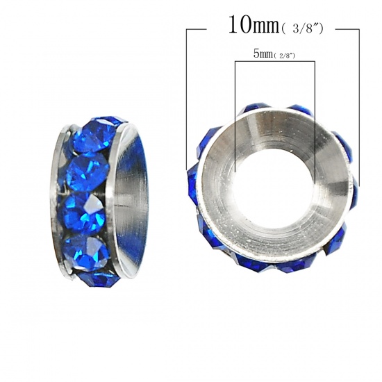 Picture of Copper European Style Large Hole Charm Rondelle Beads Round Silver Tone Blue Rhinestone About 10mm x5mm, Hole: Approx 5mm, 10 PCs