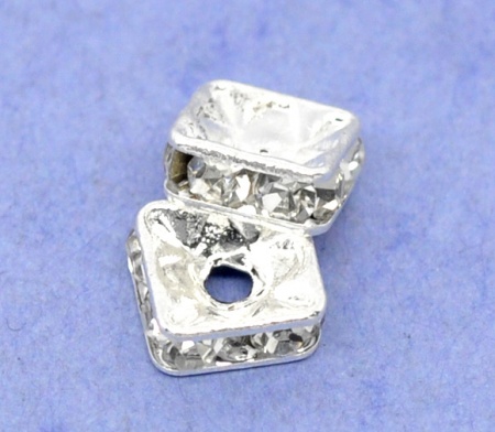 Brass Rondelle Spacer Beads Square Silver Plated Clear Rhinestone About 6mm( 2/8") x 6mm( 2/8"), Hole:Approx 1.2mm, 20 PCs