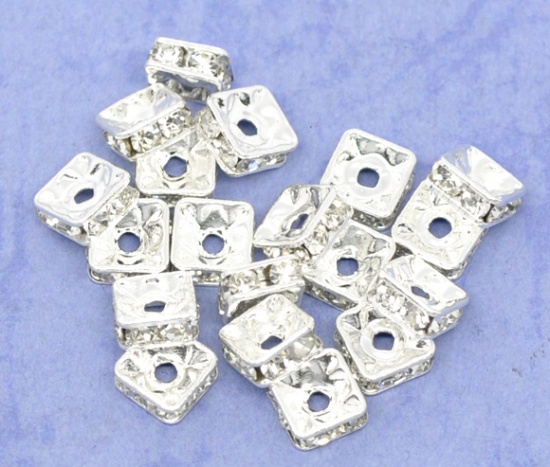 Picture of Brass Rondelle Spacer Beads Square Silver Plated Clear Rhinestone About 6mm( 2/8") x 6mm( 2/8"), Hole:Approx 1.2mm, 20 PCs