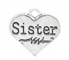 Picture of Zinc Based Alloy Charms Heart Antique Silver Message " Sister " Carved 17mm( 5/8") x 16mm( 5/8"), 20 PCs