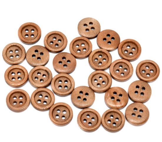 Picture of Wood Sewing Buttons 4 Holes Scrapbooking Round Coffee 15mm( 5/8") Dia, 1500 PCs