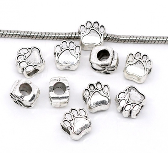 Picture of Zinc Metal Alloy European Style Large Hole Charm Beads Bear's Paw Antique Silver About 11mm x 11mm, Hole: Approx 4.8mm, 20 PCs