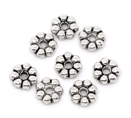 Picture of Zinc Based Alloy Spacer Beads Flower Antique Silver Color Carved About 6mm x 6mm, Hole:Approx 1.4mm, 300 PCs
