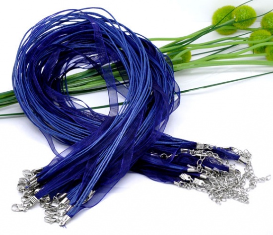 Picture of Organza Ribbon & Wax Cord Necklace Deep Blue 43.2cm(17") long, 20 PCs