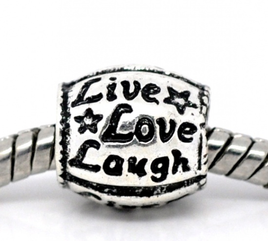 Picture of Zinc Metal Alloy European Style Large Hole Charm Beads Barrel Antique Silver Message "Live Love Laugh" Carved About 10mm x 10mm, Hole: Approx 4.8mm, 20 PCs