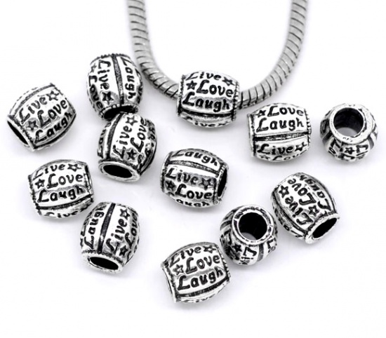 Picture of Zinc Metal Alloy European Style Large Hole Charm Beads Barrel Antique Silver Message "Live Love Laugh" Carved About 10mm x 10mm, Hole: Approx 4.8mm, 20 PCs