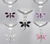 Picture of Acrylic European Style Large Hole Charm Dangle Beads Dragonfly Silver Plated Mixed Color Rhinestone 31mm x 20mm, 10 PCs
