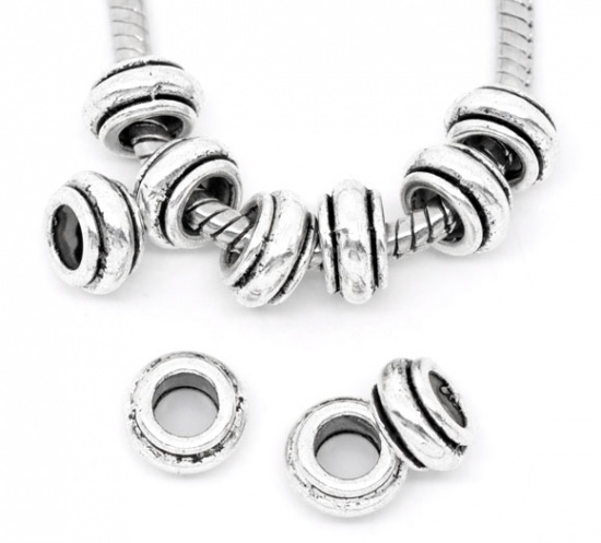 Picture of Zinc Metal Alloy European Style Large Hole Charm Beads Round Antique Silver Stripe Carved About 9mm Dia, Hole: Approx 4.8mm, 50PCs