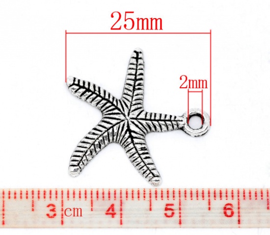 Picture of Ocean Jewelry Zinc Based Alloy Charms Star Fish Antique Silver Stripe Carved 25mm(1") x 25mm(1"), 50 PCs