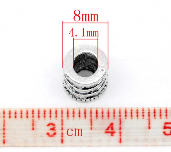 Immagine di Lega di Zinco Separatori Perline Cilindrico Argento Antico Increspatura Disegno Circa 10.0mm x 8.0mm, Foro:Circa 3.5mm, 20 Pz