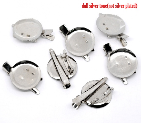 Picture of Alloy Alligator Prong Clip & Pin Brooches Round Silver Tone Cabochon Setting (Fits 28mm Dia.) 4.5cm(1 6/8") x 3cm(1 1/8"), 20 PCs