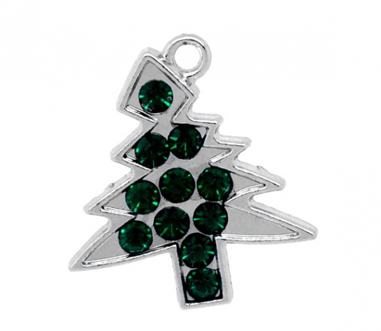 Picture of Silver Tone Green Rhinestone Christmas Tree Charm Pendants 22x21mm, sold per packet of 10