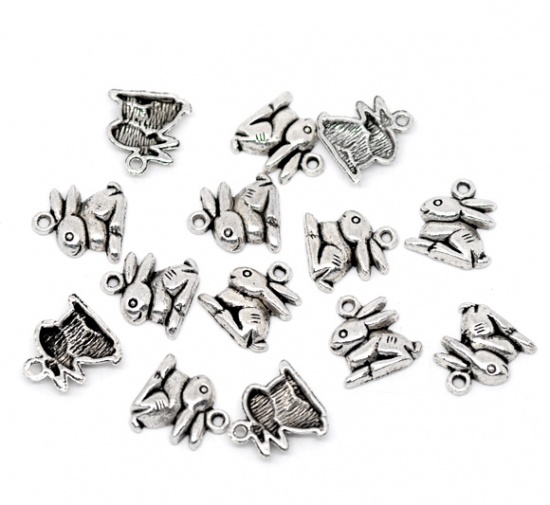 亜鉛合金 チャーム ウサギ 動物 銀古美 15mm x 13mm、 50 個 の画像