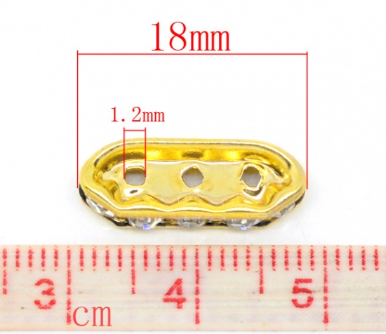 Picture of Copper & Rhinestone Spacer Beads Rectangle Gold Plated White Rhinestone Rhinestone About 18mm x 7mm, Hole: Approx 1.2mm, 30 PCs