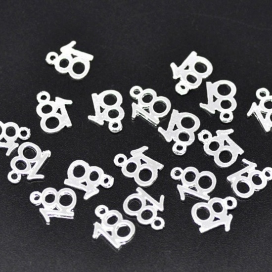 Picture of Silver Plated Number Age "18" Charm Pendants 13x10mm, sold per packet of 50