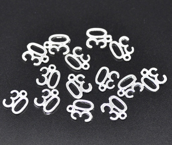 Picture of Silver Plated Number Age "30" Charm Pendants 12x10mm, sold per packet of 50