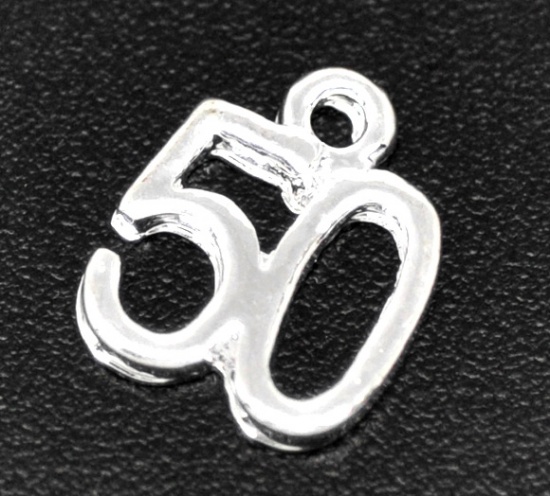 Picture of Silver Plated Number Age "50" Charm Pendants 12x10mm, sold per packet of 50
