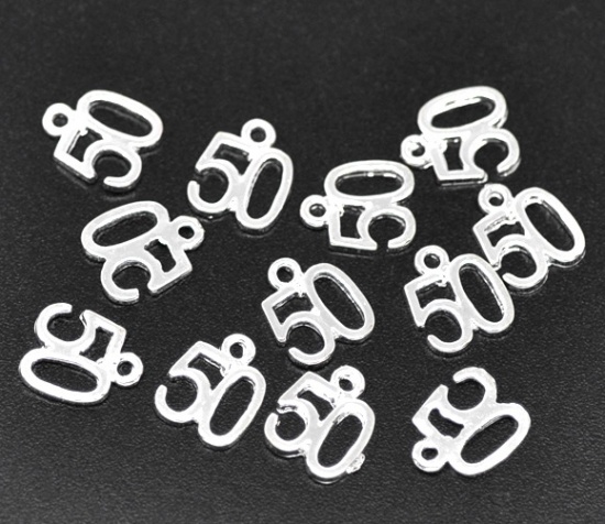 Picture of Silver Plated Number Age "50" Charm Pendants 12x10mm, sold per packet of 50