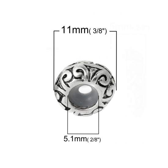 Immagine di Lega + Gomma Stile Europeo Perline Tondo Argento Antico Circa 11mm Dia, Foro: Circa 5.1mm, 10 Pz