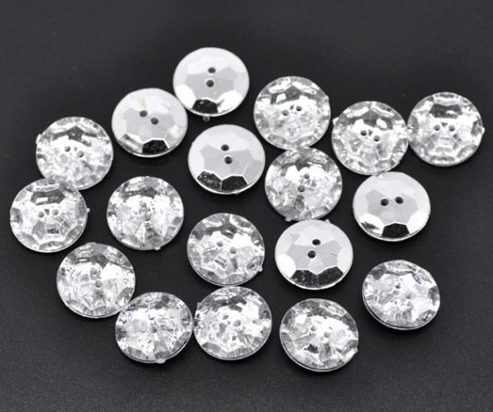 Image de Bouton de Couture en Acrylique 2 Trous Rond Transparent & Argenté à Facettes 18mm Dia, 60 PCs