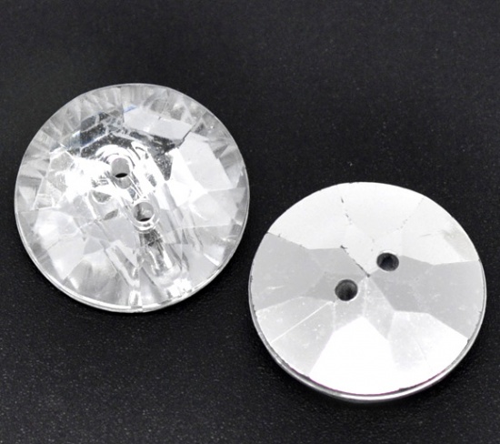 Picture of Acrylic Sewing Buttons Scrapbooking 2 Holes Round Clear & Silver Plated Faceted 25mm( 1") Dia, 30 PCs