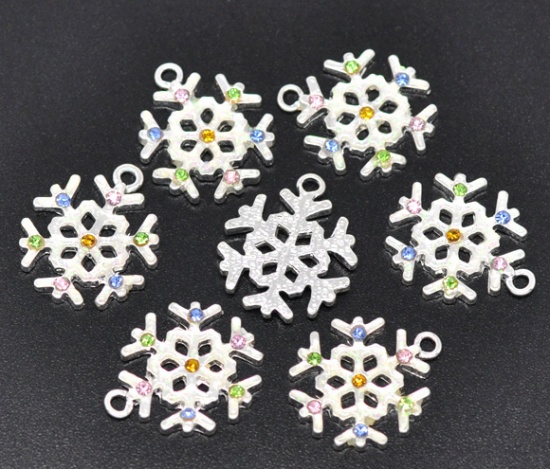 Picture of Silver Plated Multicolor Rhinestone Christmas Snowflake Charm Pendants 22x19mm, sold per packet of 10