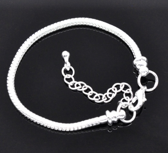 Picture of Copper European Style Snake Chain Charm Bracelets Silver Plated W/ Lobster Claw Clasp And Extender Chain For Kids/ Children 16cm long, 4 PCs
