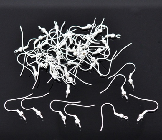 Image de Apprêts de Boucles d'Oreilles Crochets d'Oreille en Alliage de Fer Forme Courbé Argenté 19mm x 18mm, Epaisseur de Fil: (21 gauge), 300 Pcs