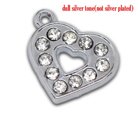 Silver Tone Rhinestone Heart Charm Pendants 17x17mm, sold per pack of 10