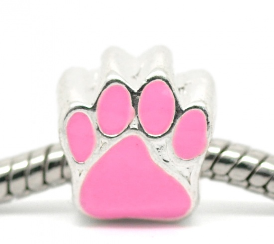 Picture of Zinc Metal Alloy European Style Large Hole Charm Beads Bear's Paw Silver Plated Pink Enamel About 11mm x 11mm, Hole: Approx 5mm, 10 PCs