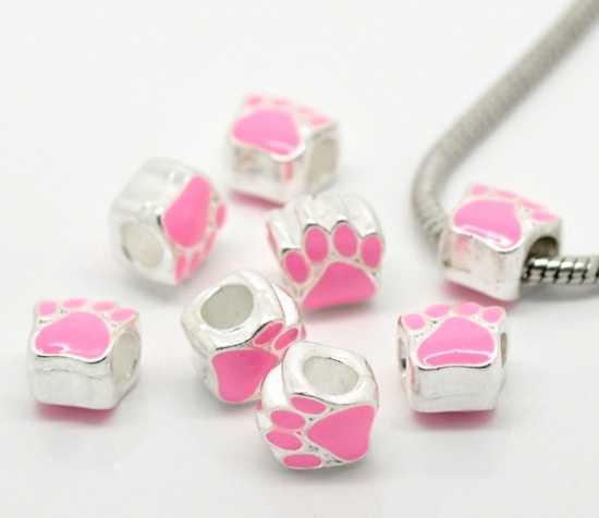 Picture of Zinc Metal Alloy European Style Large Hole Charm Beads Bear's Paw Silver Plated Pink Enamel About 11mm x 11mm, Hole: Approx 5mm, 10 PCs