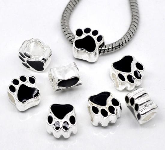 Picture of Zinc Metal Alloy European Style Large Hole Charm Beads Bear's Paw Silver Plated Black Enamel About 11mm x 11mm, Hole: Approx 5mm, 10 PCs