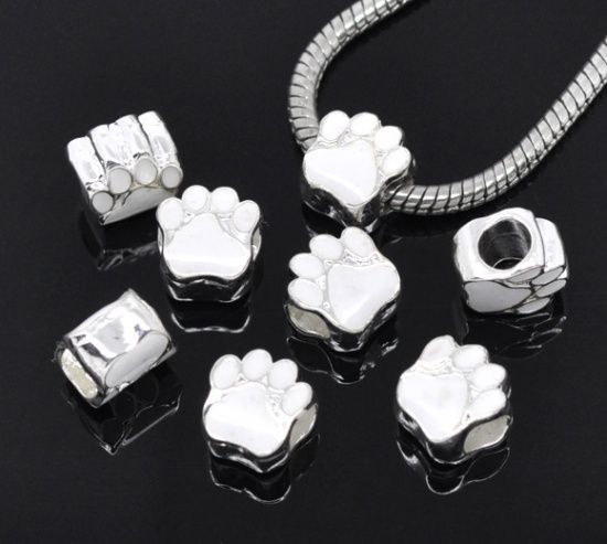 Picture of Zinc Metal Alloy European Style Large Hole Charm Beads Bear's Paw Silver Plated White Enamel About 11mm x 11mm, Hole: Approx 5mm, 10 PCs
