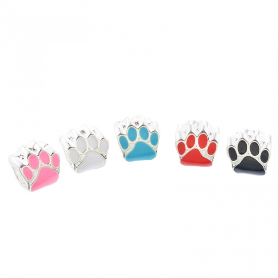 Picture of Zinc Metal Alloy European Style Large Hole Charm Beads Bear's Paw Silver Plated Mixed Enamel About 11mm x 11mm, Hole: Approx 5mm, 10 PCs