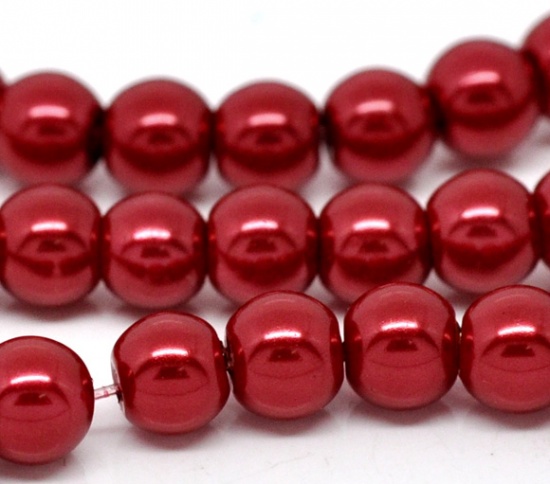 Picture of Glass Pearl Imitation Beads Round Red About 8mm Dia, Hole: Approx 1mm, 82cm long, 5 Strands (Approx 110 PCs/Strand)