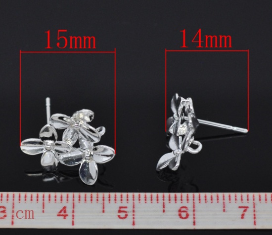 Picture of Brass Ear Post Stud Earrings Findings Triple Flower Silver Plated W/ Loop 15mm( 5/8") x 14mm( 4/8"), Post/ Wire Size: (21 gauge), 50 PCs                                                                                                                      