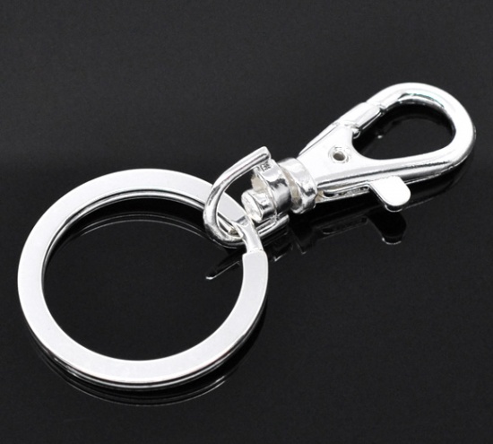 Picture of Iron Based Alloy Keychain & Keyring Round Swivel Clasp Silver Plated 65mm x 33mm, 5 PCs