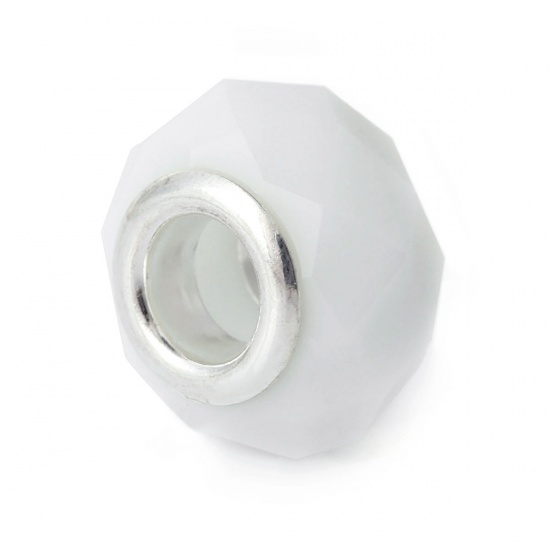 Immagine di Vetro Stile Europeo Perline Tondo Bianco Argento Placcato Sfaccettato Circa 14.0mm x 9.0mm, Foro: Circa 4.8mm, 20 Pz
