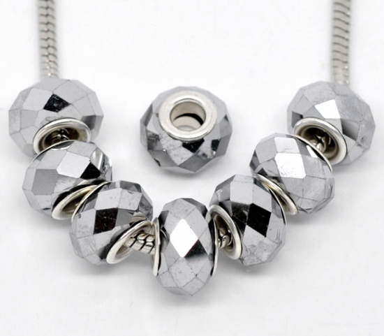 Picture of Crystal Glass European Style Large Hole Charm Beads Round Silver-Gray Silver Plated Core Faceted About 14mm x 9mm, Hole: Approx 4.8mm, 20 PCs