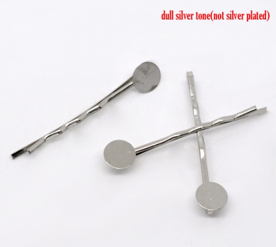 Picture of Iron Based Alloy Hair Clips Findings Silver Tone Round Ripple (Fits 8mm Dia.) 44mm x 1.5mm, 100 PCs