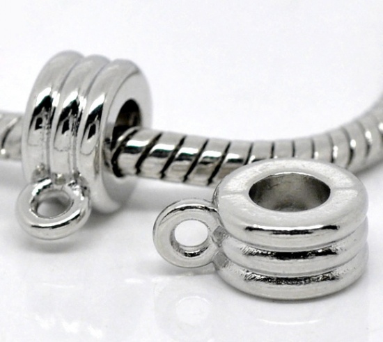 Picture of Zinc Based Alloy European Style Bails Beads Round Silver Tone Stripe Carved 12.5mm x 9mm, 30 PCs