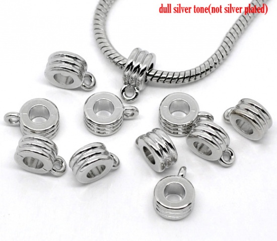 Picture of Zinc Based Alloy European Style Bails Beads Round Silver Tone Stripe Carved 12.5mm x 9mm, 30 PCs