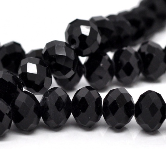 Picture of Crystal Glass Loose Beads Round Black Faceted About 8mm x 6mm, Hole: Approx 1mm, 42cm long, 5 Strands (Approx 72 PCs/Strand)