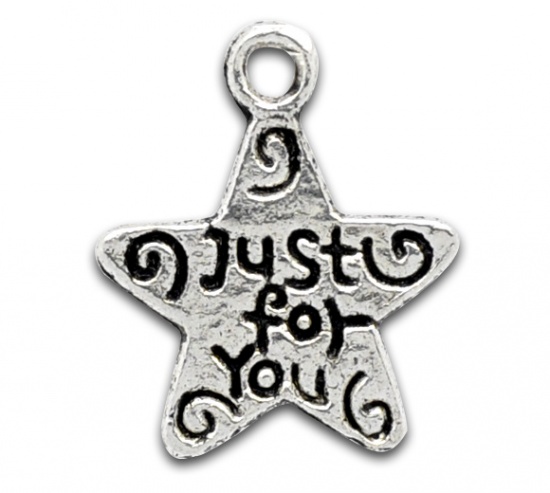 Picture of Zinc Based Alloy Charms Pentagram Star Antique Silver Color Message "Just for You" Carved 14mm(4/8") x 12mm(4/8"), 100 PCs