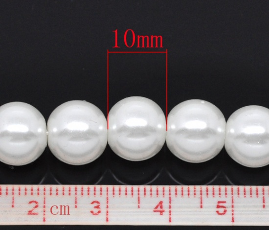 Изображение Бусины 10mm Диаметр Стекло Имитация Жемчуга Белые, Отверстие: 1мм Проданные 2 нитки