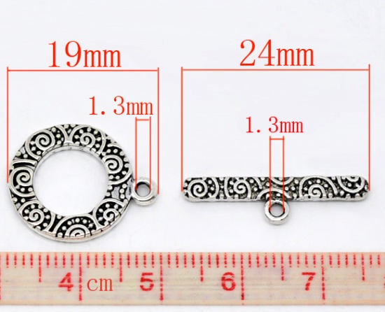 Picture of Zinc Based Alloy Toggle Clasps Round Antique Silver Color Circle Carved 19mm x 16mm 24mm x 6mm, 40 Sets