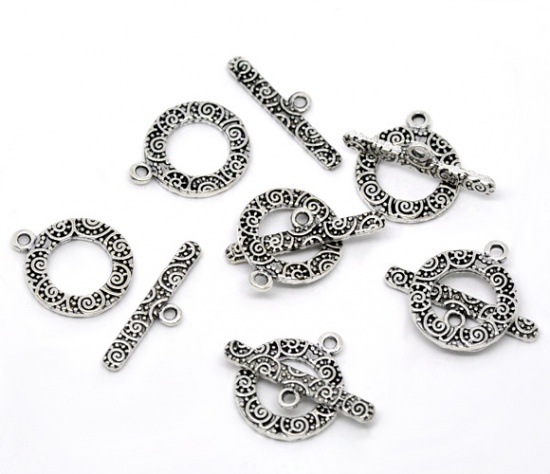 Picture of Zinc Based Alloy Toggle Clasps Round Antique Silver Color Circle Carved 19mm x 16mm 24mm x 6mm, 40 Sets