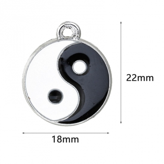 Picture of Zinc Based Alloy Charms Yin Yang Symbol Silver Tone White & Black Enamel 22mm( 7/8") x 18mm( 6/8"), 20 PCs