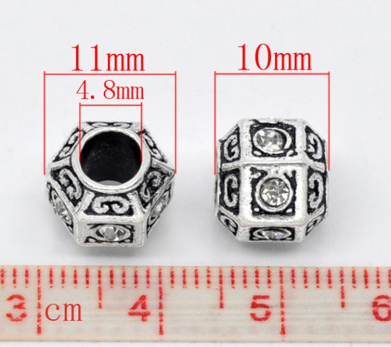 Immagine di Lega + Strass Stile Europeo Perline Esagono Argento Antico Bianco Strass Circa 11.0mm x 10.0mm, Foro: Circa 4.8mm, 10 Pz